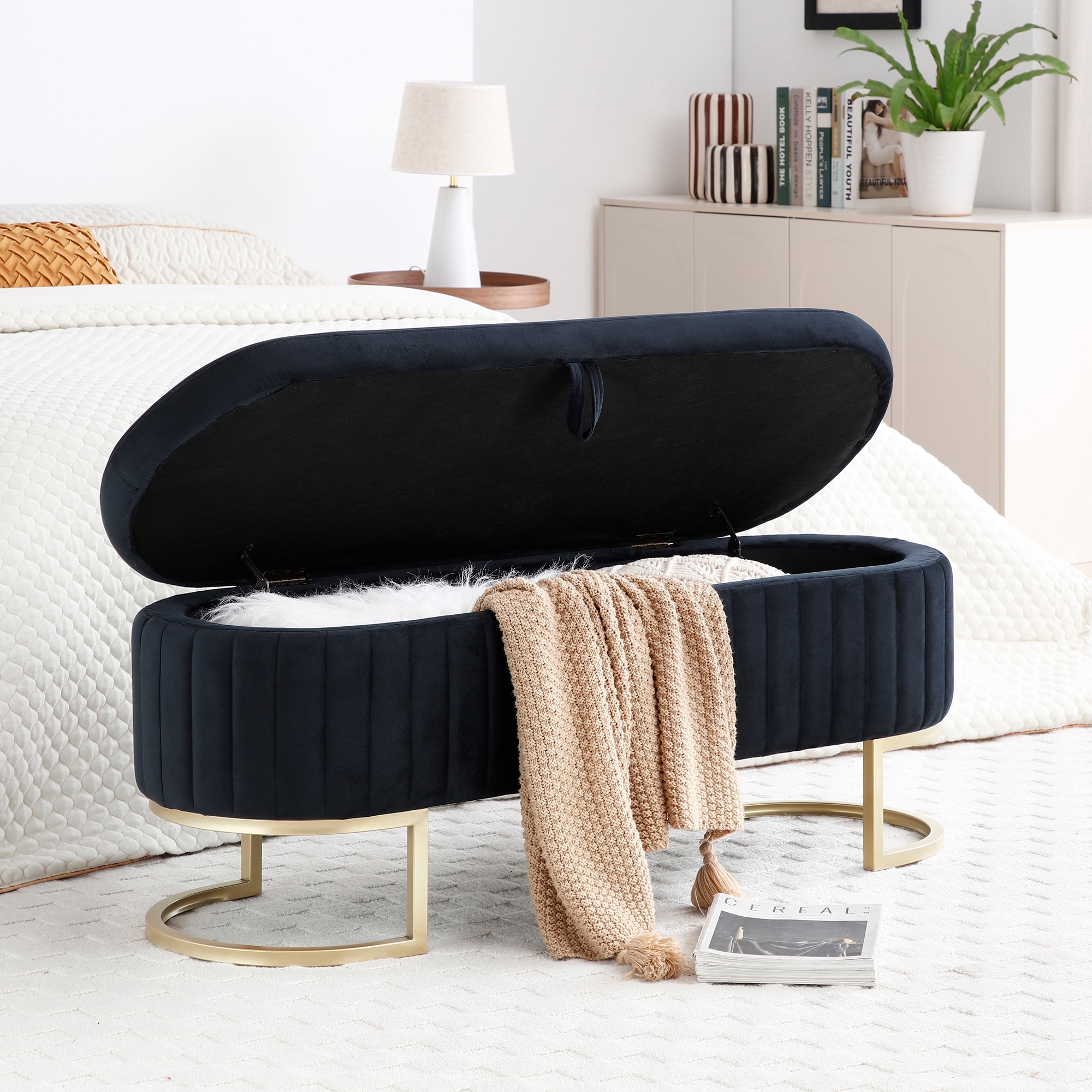 Storage Bench Bedroom Bench, Velvet Oval Upholstered Bed Bench With Golden Metal Legs,Storage Ottoman Bench For Bedroom, Living Room,Entryway,Black_voghion.com